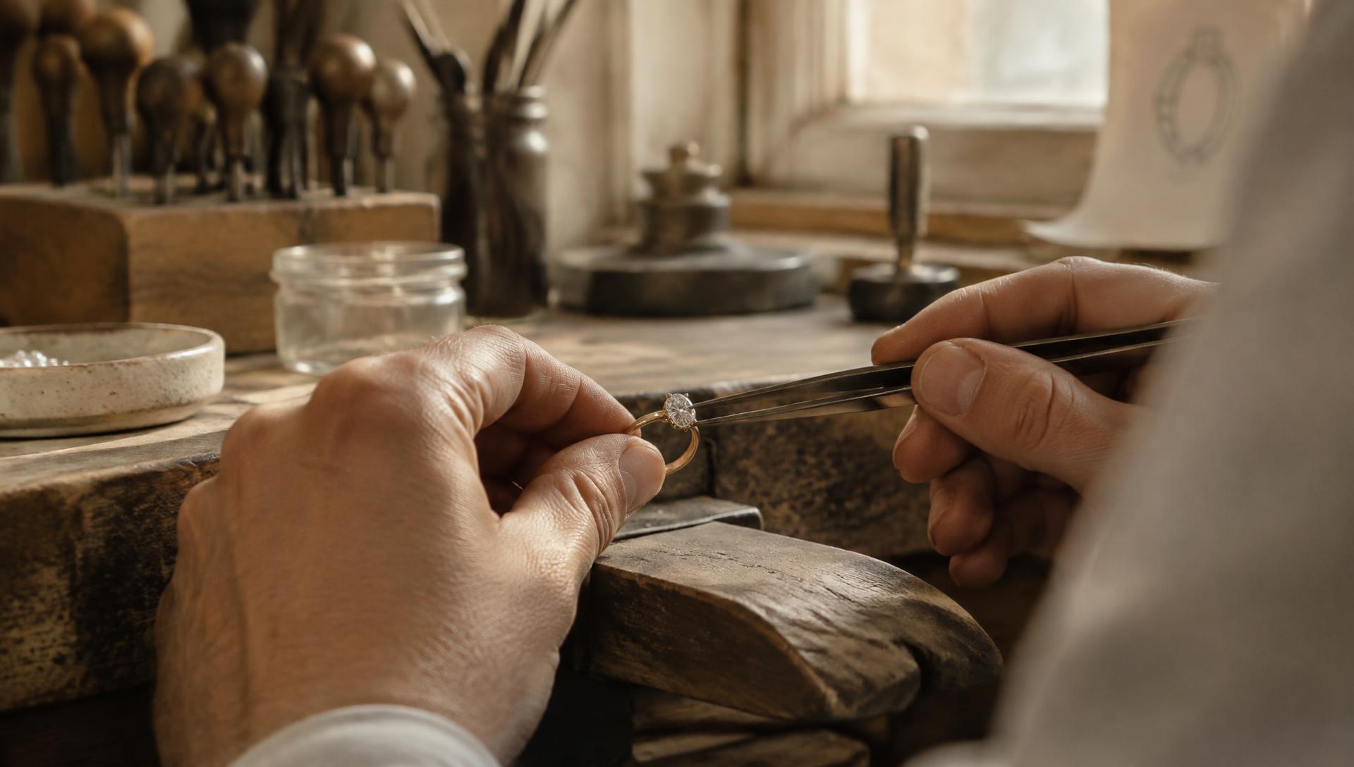 Hands setting an oval diamond into a gold ring